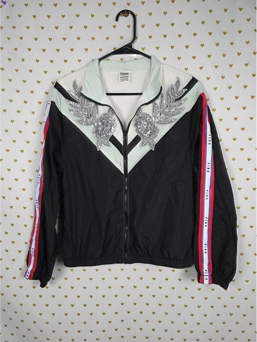 Victorias Secret Pink Bling Sequin Applique Track Jacket Coat Anorak XS SMALL